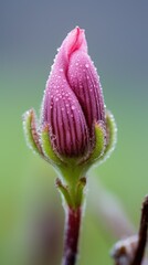Close-up of a pink hibiscus bud with morning dew