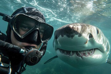 Diver encountering a great white shark underwater