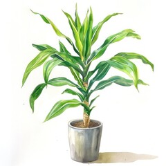 Fototapeta premium An artistic watercolor illustration of a vibrant green plant in a grey pot, showcasing the lush foliage and distinct shadows