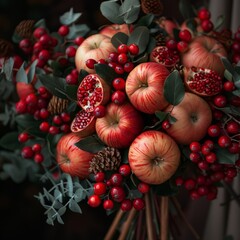 Autumn Harvest Inspired Bouquet with Red Apples, Pomegranate Seeds, and Seasonal Berries