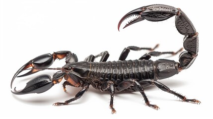 a side view of an angry black scorpion isolated on a plain white background, with copy space for text on the left
