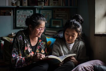 A mother and daughter enjoying a quiet moment together, reading books.