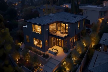 A bird's-eye perspective showcasing the modernity of a sleek craftsman home exterior in matte charcoal gray, blending into the urban landscape under the moonlight.