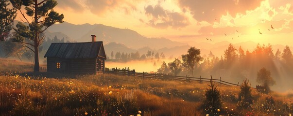 A serene dusk setting over a rustic cabin amidst a glowing meadow, with sunrays piercing through the haze against a backdrop of distant mountains - obrazy, fototapety, plakaty