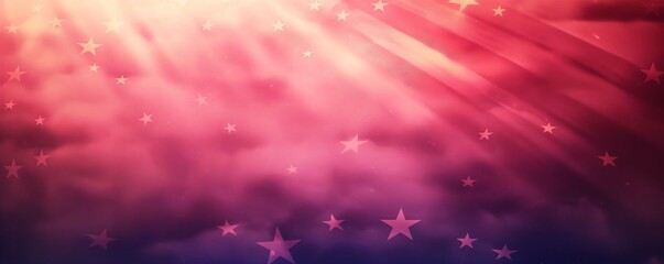 A dreamy, patriotic-themed background with radiant beams of light, stars, and a blend of pink and blue hues evoking a celebratory American atmosphere