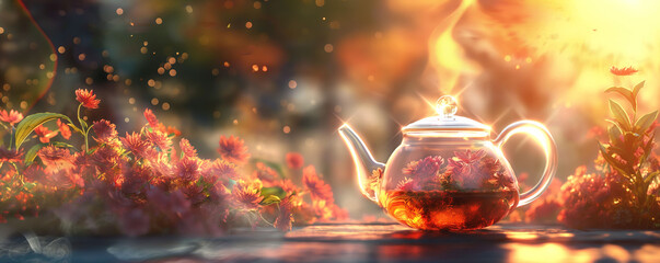 A magical moment as the sun kisses the horizon, illuminating a glass teapot amidst a field of radiant crimson flowers, casting a warm, enchanting glow