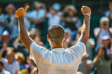 A triumphant tennis player raises arms in victory, celebrating a win as the crowd cheers in the stands. - obrazy, fototapety, plakaty