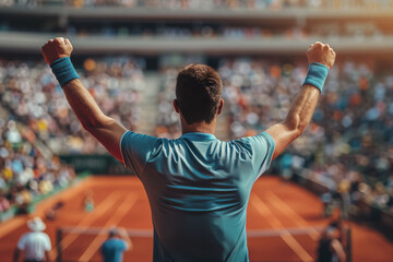 A triumphant tennis player raises arms in victory, celebrating a win as the crowd cheers in the stands. - obrazy, fototapety, plakaty