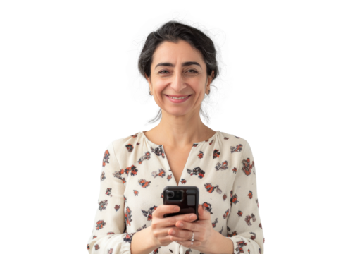 Middle Eastern Woman Holding Phone Smiling