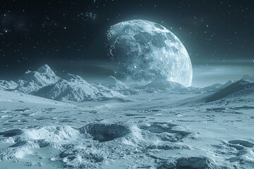 A survey of distant moons, where icy surfaces hide the secrets of ancient oceans and the potential for life. Concept of lunar exploration. Generative Ai.