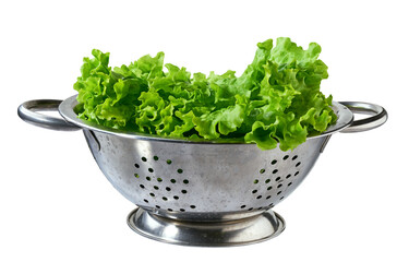 Colander with fresh lettuce isolated on white background.