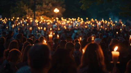 Foto op Plexiglas People sing the national anthem and hold candles at night, © @_ greta