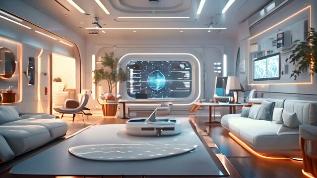 Futuristic smart home interior, minimalist design, with AI assistants, holographic displays, and robotic appliances