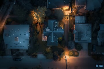 An aerial shot capturing the dramatic presence of a craftsman home facade in sleek charcoal gray, illuminated by the glow of streetlights.
