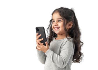 Young Girl with Phone Smiling on Transparent