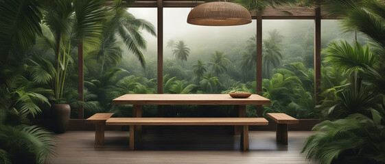 View of tropical forest from window. wooden table with chairs