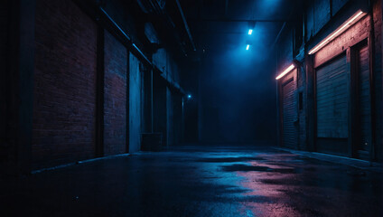 A dark empty street, dark blue background, an empty dark scene, neon light, and spotlights The asphalt floor and studio room with smoke float up the interior texture.