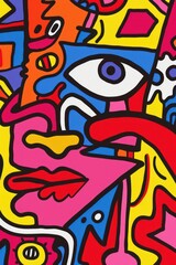Vibrant abstract painting featuring a stylized eye, bold geometric shapes, and a dynamic use of color