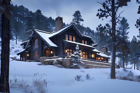 A craftsman house nestled in a snowy landscape, its dark exterior blending harmoniously with the winter scenery.