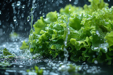A crisp green lettuce leaf is rinsed under running water, preparing it for a refreshing salad. Concept of fresh produce and culinary preparation. Generative Ai.