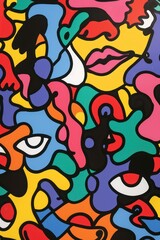 Vibrant and abstract depiction of overlapping faces with a variety of bold colors and organic shapes The image captures the essence of modern art