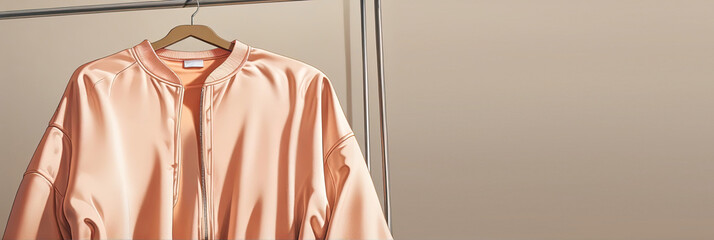 A peach-colored women's jacket is hanging on a hanger