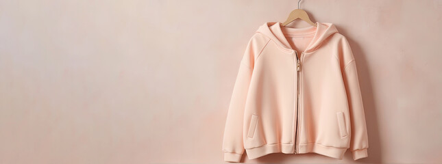 A peach-colored hoodie with a hood hanging on a hanger