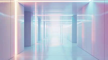 Long Hallway With White Walls and Neon Lights