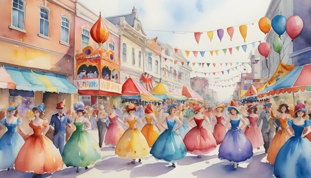 Whimsical Watercolor Painting Of A Lively Street C2