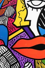 Photo shows a vibrant abstract mural with various shapes and a prominent red lip