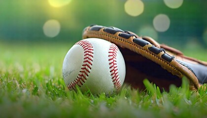 A baseball and glove rest on green grass. Bright sunlight on leather equipment and white ball displayed outdoors. Ready for game.