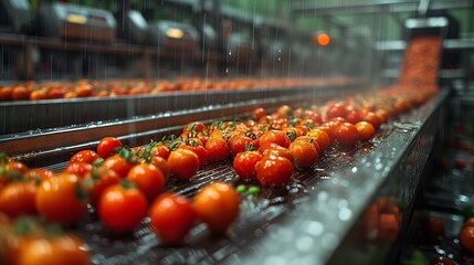 Tomatoes on Conveyor Belt - obrazy, fototapety, plakaty