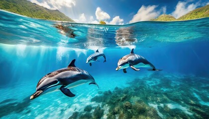 Pod of dolphins swimming near the surface in clear blue waters. Undersea view of animals. The...