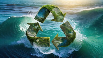 Ocean wave crests and recycling symbol from its vibrant green algae. This powerful surge symbolizes the cycle of life and nature enduring resilience.