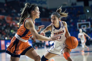 Two female athletes fiercely competing in a basketball game, one dribbling the ball with focus and intensity.