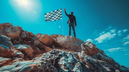 Businessman conquers summit with checkered flag - obrazy, fototapety, plakaty