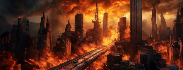 Apocalyptic vision of a city in flames under a dark, ominous sky. The fiery destruction envelops buildings, hinting at disaster or warfare's devastation. Panorama with copy space. - obrazy, fototapety, plakaty