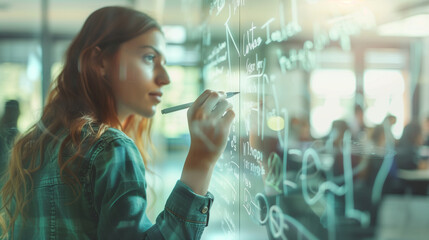 Close-up of a female teacher's hand writing complex mathematical formulas on a glass board, her figure and the attentive classroom behind her subtly out of focus. , Teacher's day, - obrazy, fototapety, plakaty