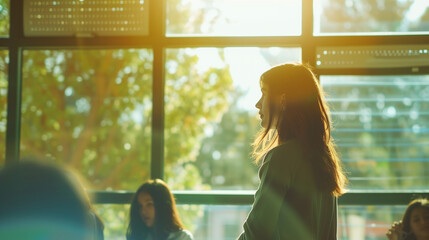 Seen from outside the classroom through a window, a female math teacher interacts with students, her movements animated as she explains a concept, with the interior softly blurred