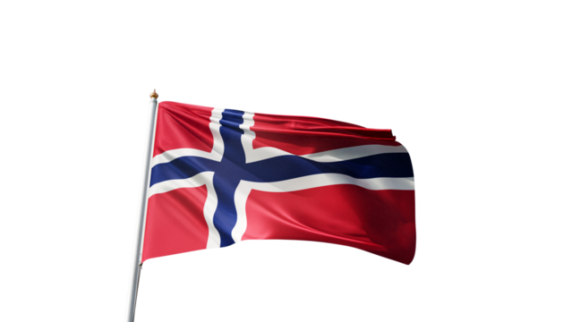 flag of norway on a transparent background, waving in the wind, symbol of the northern europe, norwegian,  european country, blue white and red cross, tall flagpole, no background, transparent png