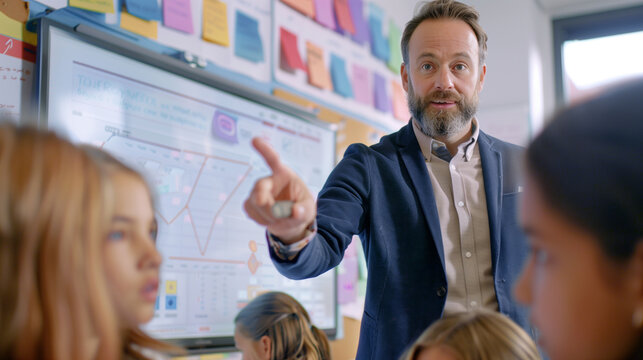 Standing at the front, a math teacher points to a graph displayed on the interactive whiteboard, his figure in sharp focus against the blurred backdrop of students engrossed in the