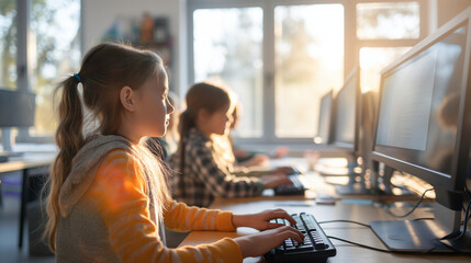 Children at their desks, working on individual coding exercises on computers. The classroom is bathed in soft, natural light, creating a calm and focused atmosphere conducive to le