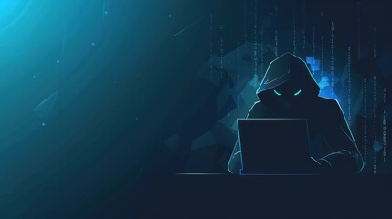 silhouette of hacker in hoodie using laptop - obrazy, fototapety, plakaty