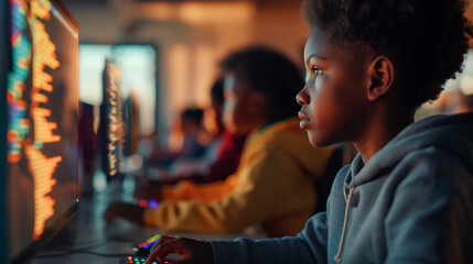 A row of children deeply focused on coding activities, with colorful code syntax visible on their screens. The gentle morning light fills the room, casting soft shadows that unders - obrazy, fototapety, plakaty