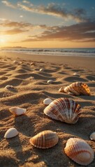 Fototapeta na wymiar Beach landscape displaying multiple seashells scattered on the sand
