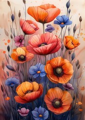 Vibrant Floral Illustration: Red, Blue, and Orange Blooms for Card Design