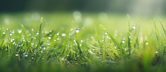 Lush green grass with morning dew drop or water droplets after rain on meadow.