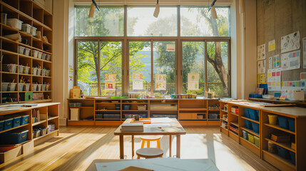 A hands-on workshop where teachers engage in creative activities, such as crafting educational materials. The room's natural lighting provides a bright, inspiring setting for creat