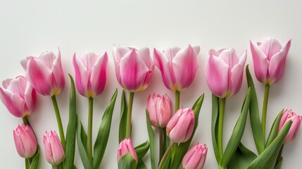 Beautiful bunch pink tulips flower spring row on a white background. AI generated image