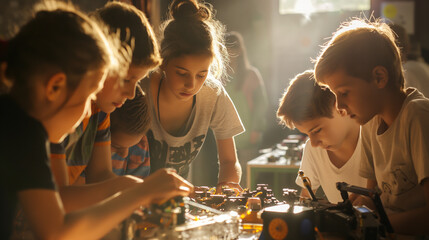 Fototapeta na wymiar A group of children gathered around a robotics worktable, intently assembling a robot with various parts. Sunlight streams through a nearby window, casting soft shadows and illumin